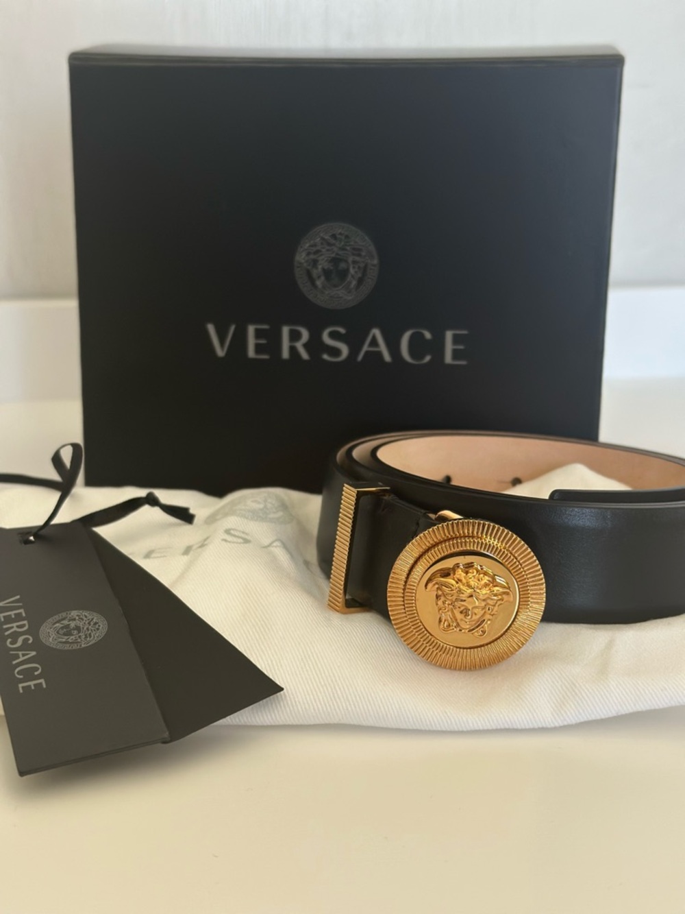 Versace Black Leather Belt with Gold Medusa Coin Buckle Biggie